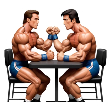 Arnold Schwarzenegger and Sylvester Stallone from 'Over the Top,' locked in an arm wrestling battle, using only their right hands. Their left hands rest on the table. Both display immense strength, with muscular arms flexing, under bright competition lights. Transparent background. sticker