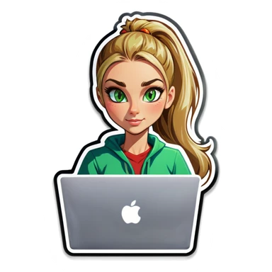 Blonde woman ponytail green eyes with cat and MacBook sticker