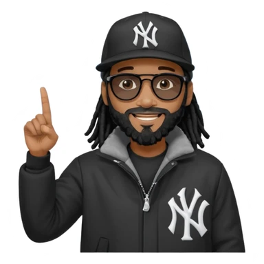 African American man with shoulder length black dreadlocks with black beard wearing black sunglasses wearing a black New York Yankees logo baseball cap wearing a black bubble winter coat pointing to sky sticker