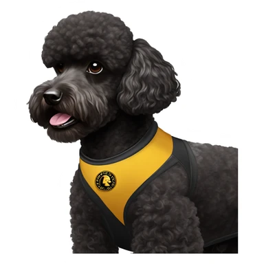 A black miniature poodle with a shaved face and a black collar with gold Versace emblems on it wearing an Arizona state #4 football jersey  sticker