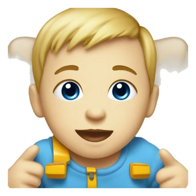 Baby with blue eyes playing with a toy bus sticker