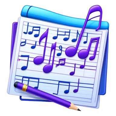 Emoji that represents music track writing. The design should feature a music composition sheet with musical notes and lyrics, a digital audio workstation (DAW) interface or soundwaves, and a pencil or pen to symbolize the writing process. Add a touch of technology with subtle elements like sound mixing sliders or waveform graphics. Use a blend of vibrant and inspiring colors, such as electric blue or neon purple, to evoke a sense of creativity and innovation. The background should be transparent. sticker