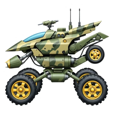 a 4-wheel camouflage army massive mech motorcycle shooting forward side-hill actively suspended pod enemy mech off-road racing rover with large fast engine  sticker