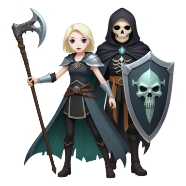 Necromancer girl with scythe and shield, in front of a dead mage sticker