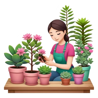Close-up of planting a sapling in a pot. Around, potted plants and succulents with vibrant leaves and flowers. Sunlight filters through the window, casting soft shadows. Cozy indoor space with gardening tools on a wooden table. sticker