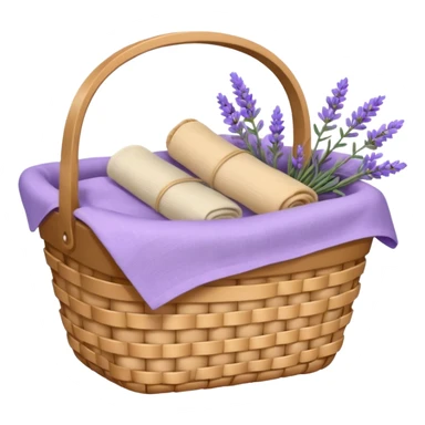 Basket of beige linens and lavender sticker
