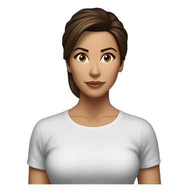 3/4 face, contrasted, shadow, light, Eva Longoria expression, standing from a distance, thin nose, brunette woman, hazel eyes, long eyelashes, dark shoulder shaded hair, white t-shirt, jeans, white sneakers sticker