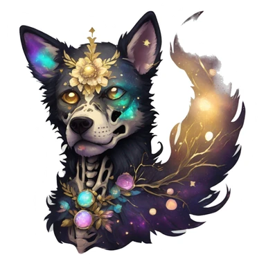iridescent kintsugi fluffy zombie black brown gold dog fox head zombie skull skeleton gold mechanical nebula galaxy stars colorful flowers fairy lights vintage zombie sticker