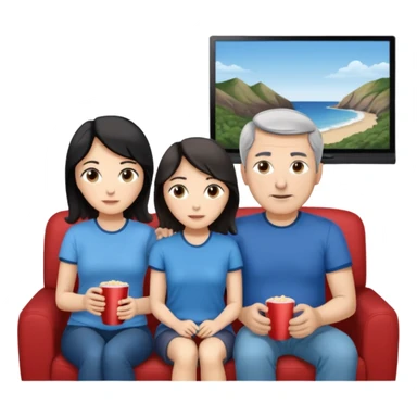 middle-aged couple Watches a movie in the living room • Physical description: • man: brown eyes; very short grayish-black hair • woman: Long wavy silver grayish-brown hair tied in a ponytail; blue eyes sticker