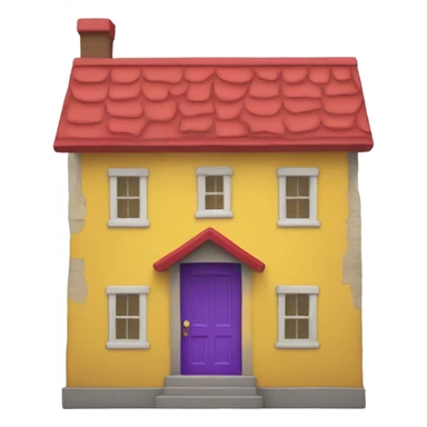 A house with a red roof on the yellow outside and a purple door sticker