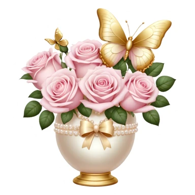 Realistic aesthetic bouquet of light pink roses in a pearl vase and a ivory bow with gold decoration and a butterfly with gold and beige wings sticker