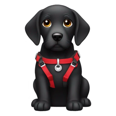 Black lab with puppy face wearing a red harness sticker
