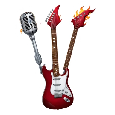 Create a fierce and edgy emoji representing hardcore rock vocal performance in a humanless collage. The design should feature a vintage microphone at the center, Add crossed drumsticks behind the microphone to symbolize the rhythm and power of the drums. surrounded by a menacing, distorted electric guitar with sharp, aggressive angles. Include subtle elements like lightning bolts, flames, or jagged sound waves to evoke the raw energy and intensity of hardcore rock. Use dark, intense colors like black, red, and silver, with a metallic, gritty finish to convey the rebellious, aggressive spirit of the genre. The background should be transparent. sticker