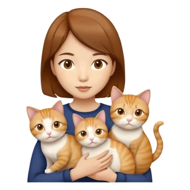 Asian girl, brown hair, brown eyes skin tone beige holding three cats one ginger, one yellow white one British short hair and cream colour sticker