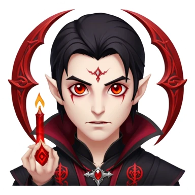 Cinematic Realistic WoW Vampire Mage Portrait, head tilted epicly and inquisitively, showcasing a commanding presence and ancient arcane mastery. His pallid skin and sleek dark hair are set against the intricately detailed black robe—with silver accents and mystical runes—that remains consistent in its shadowed elegance. His piercing crimson eyes blaze with forbidden power, rendered with dramatic, lifelike clarity and high shine, epic and awe-inspiring. sticker