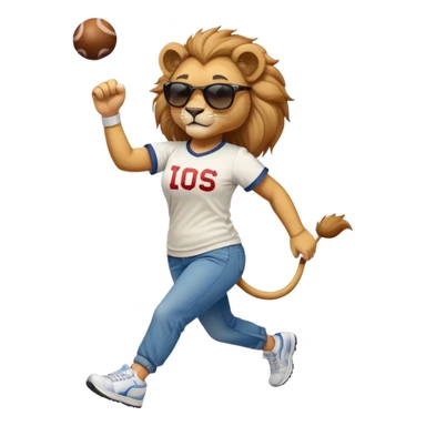 friendly anthropomorphised female lion wearing a baseball shirt, jeans, trainers, dark sunglasses, jogging upright, dominant confident expression sticker