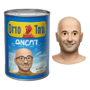 shallow rectangular tin of anchovies, looks like Ortiz brand,  with a photo of a bald man on the side, red blue yello colors sticker