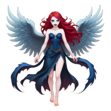 full body portrait of an extremely diabolical girl with pale white skin, massive towering wings, very long flowing blood red hair, glowing blue eyes, evil grin, no accessories, standing in thick swirling dark red and black smoke that rises up from the ground, heavy smoke effect at her feet sticker