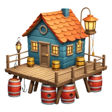 
fisherman house on a wooden pier, small dock, fishing nets hanging, barrels, lantern, ocean vibe, 3D cartoon, cute mobile game icon, clean background, no text
 sticker