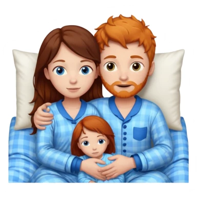 Ginger boy hugging girl with very dark brown hair. Both have blue eyes. They are in bed.  sticker