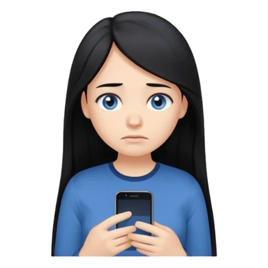 Cartoon emoji of a girl with long, straight black hair, fair skin, gentle blue eyes. Wearing a navy top, looking miserable and stressed, scrolling on her phone or watching TikTok. Smooth, simple, stylized. sticker