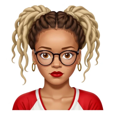 Rihanna must have freckles on nose soccer mom with updo dreadlocks from east Caribbean wearing a red and white jersey and cateye eyeglasses sticker