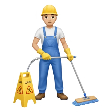Custodian with yellow rubber gloves, white T-shirt, blue overalls, mopping floor sticker