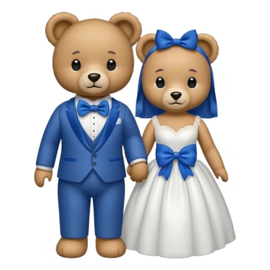 Teddy bear wearing white wedding dress holding the hand to another teddy bear wearing a big royal blue bow tie sticker