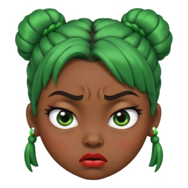 Create a 3D cartoon-style girl character with dark skin, round face, angry expression, big wide eyes, and tightly styled double buns made of green beaded hair. The girl should look irritated, eyebrows sharply angled, and lips pressed in a frown. sticker
