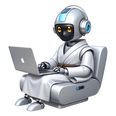Emoji of a remote-working robot in a cozy smooth bathrobe with a laptop. The robot has a sleek helmet-like head with LED digital eyes. Relaxed yet high-tech vibe. sticker