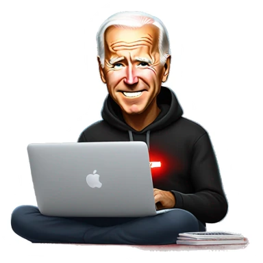 joe biden in a black hoodie with bright red glowing laser eyes typing on a macbook, joe biden, black hoodie, bright red glowing eyes, typing on macbook, joe biden sticker