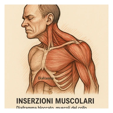 illustrazione con focus sulle inserzioni muscolari, diaframma bloccato, muscoli del collo e scapole sovraccaricati, didascalia in italiano sticker