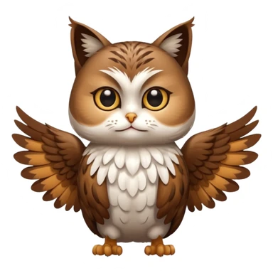 crea un gato con alas de búho con pelaje color cafe y blanco y que este con las alas cerradas y sin ningun objeto en las alas sticker