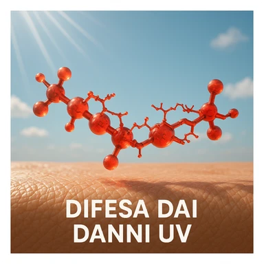 hyper realistic red astaxanthin molecule protecting skin from sun damage, red molecule above skin with UV rays, positive atmosphere, realistic details, text 'Difesa dai danni UV' sticker