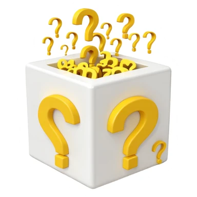 white cube shaped box printed with "q&a" over stuffed with yellow question marks sticker