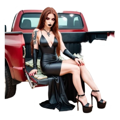 Lilith symbol red eye seductress evil long brown haired sexy succubus woman with leather long dress with slit, sitting in Big Large F350 pickup truck. Black Platform high heels on feet. Tattoo sleeve arms, seat full of stacks of cash, and a man dead human skull of her enemies and a gun in other hand sticker