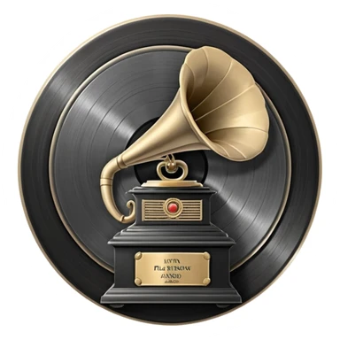 A dark metal platinum music award plaque The center features a relief of a vintage gramophone or stylized vinyl record in a slightly darker metallic tone sticker