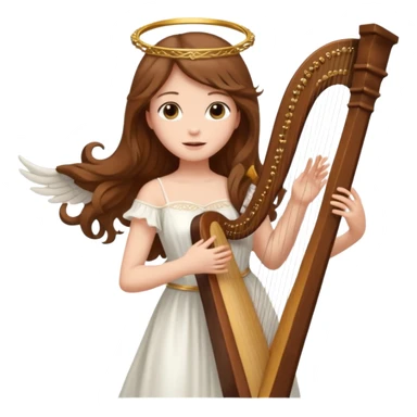 Female angel holding harp with flowing brown hair sticker
