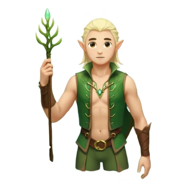 elf male legolas wading in shallow tide pool, palm emitting soft green light to heal glowing coral, practical open vest over bare chest, determined gaze, pointy ears, vibrant underwater plants, centered emoji, nature guardian summer sticker
