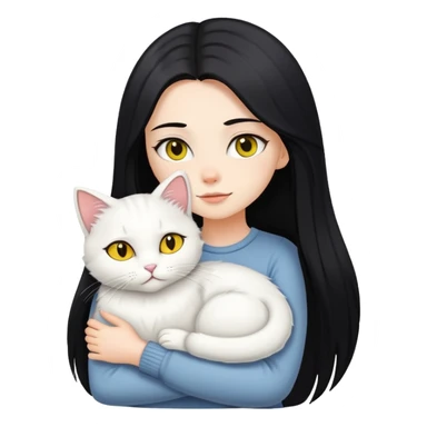 White Girl with long black straight hair hugging a white fluffy yellow eyed cat  sticker
