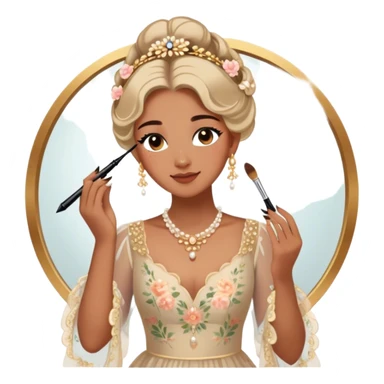  Middle Eastern-inspired moment of a woman getting ready in front of a mirror. She wears a delicate floral dress with sheer, flowy sleeves, accessorized with gold jewelry and traditional pearl-adorned hair clips. Her  as she applies mascara and eyeliner , her reflection revealing a soft smile.  sticker