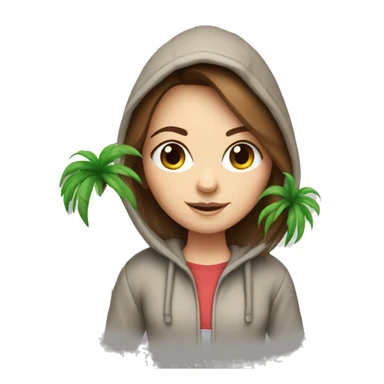 White girl with brown hair wearing a hoodie carrying a small palm tree sticker