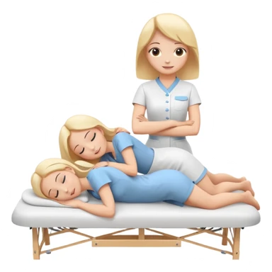 A cute emoji-style illustration of a girl lying on a massage table during a relaxing massage session, while another girl gently gives her a back massage. Soft colors, peaceful atmosphere, simple rounded emoji-like shapes, friendly and wholesome. sticker