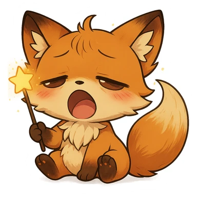 Add a magical glowing wand to the chibi sleepy fox. Keep the background transparent. sticker