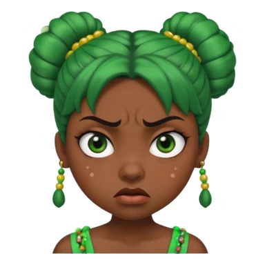 Create a 3D cartoon-style girl character with dark skin, round face, angry expression, big wide eyes, and tightly styled double buns made of green beaded hair. The girl should look irritated, eyebrows sharply angled, and lips pressed in a frown. sticker