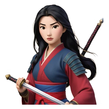 Cinematic Realistic Mulan Portrait, depicted with lifelike skin texture, soft natural lighting, and intricately detailed long black hair styled elegantly. Her deep, expressive eyes exude determination and grace, complemented by a serene yet confident expression. She stands with one hand resting on the hilt of her sword, the other by her side, exuding strength and poise. She is dressed in her classic attire, with rich fabric textures and delicate folds that catch the light beautifully. The portrait features a soft, enchanting glow with a natural, radiant finish, capturing the essence of timeless strength and beauty in a realistic and painterly style, evoking a sense of depth and authenticity. sticker