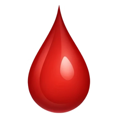 An emoji of a blood drop, symbolizing a single drop of blood. The drop is smooth, glossy, and red, with a slightly reflective surface, representing injury, medical themes, or blood donation sticker