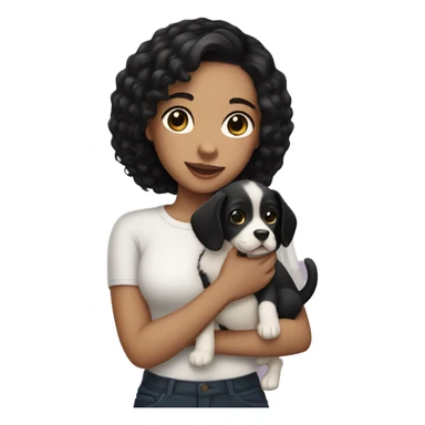 Light skin girl with black hair holding a puppy sticker