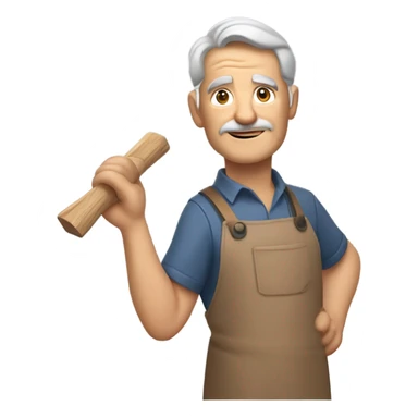 "A older man with rough hands, short light brown hair, and a friendly, naive expression. He wears a work apron over simple clothes and holds a hammer or wood in a rustic workshop." sticker