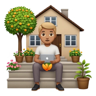 a home which has garden like and the home has slack emoji, where on the house steps, a blob chratcter holding black mac should sit and should look like wiork sticker